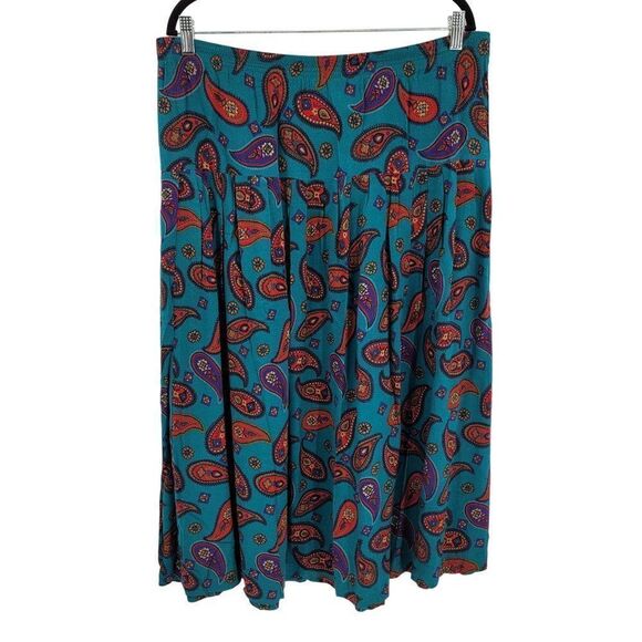 Vintage 80's Skirt Drop Pleated Waist Full Maxi Boho Southwestern Paisley Teal L - Picture 1 of 11